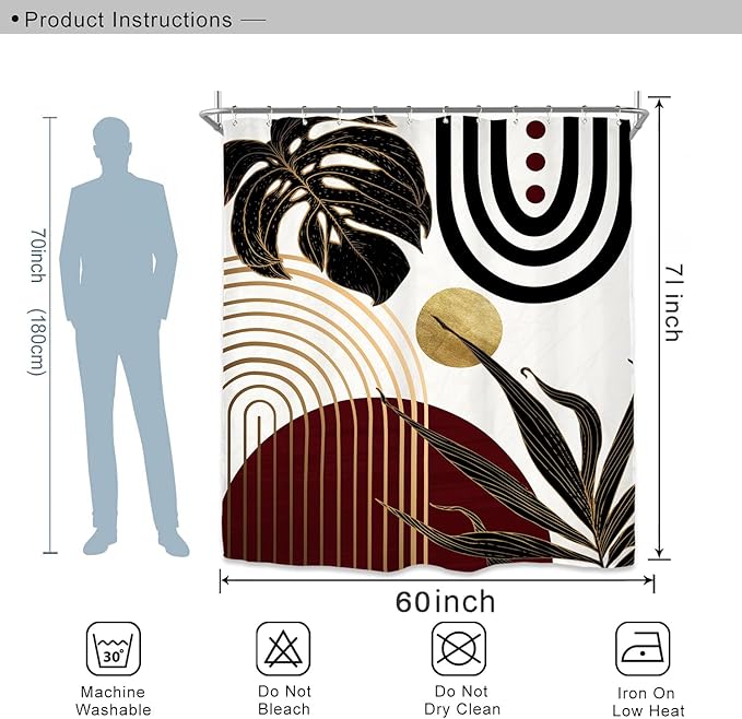 Miyotaa Abstract Burgundy Black Shower Curtain Set 60Wx71H Inches Modern Minimalist Aesthetic Mid Century Retro Leaves Modern Contemporary Waterproof Bathroom Curtain with 12 Hooks
