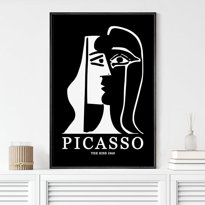 MUDECOR Framed Canvas Print Wall Art Picasso Black & White Geometric Kiss Portrait Shapes Abstract Illustrations Modern Art Minimal Dramatic Dark for Living Room, Bedroom, Office - 24"x36" Black