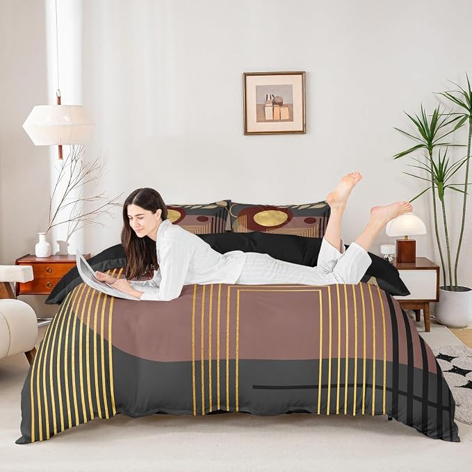 Erosebridal Boho Mid Century Twin Comforter Cover Dark Brown Neutral Modern Duvet Cover Geometric Abstract Bed Set Minimalist Aesthetic Bedding Set
