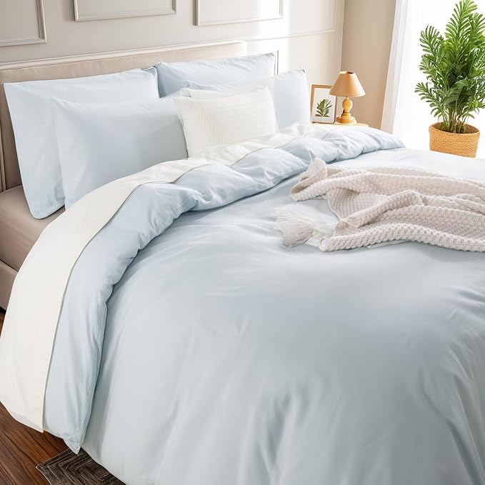 NEXHOME PRO Duvet Cover Set King Size Linen Look Textured Organic Natural 100% Washed Cotton Duvet Cover 3 Pieces Bedding Set with Zipper Closure, Breathable, Soft, Light Baby Blue (No Comforter)