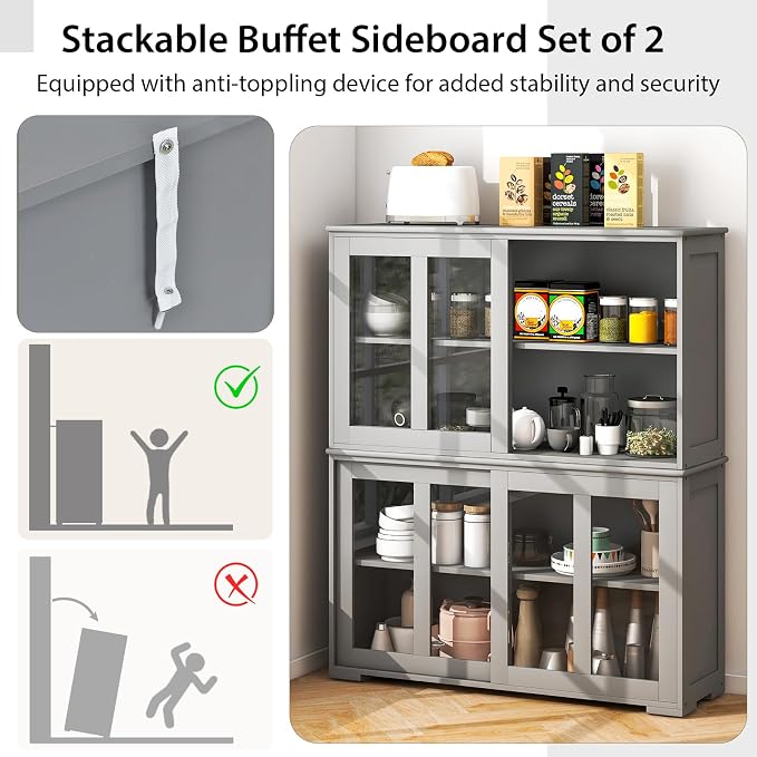 Byroce Sideboard Buffet Cabinet, Stackable Storage Coffee Bar Cabinet with Adjustable Shelf & Glass Sliding Doors, Wood Cupboard Credenza Console Table for Kitchen Dining Living Room (2, Grey)