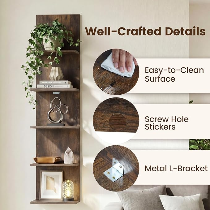 GOFLAME 5-Tier Wall Shelf, Wooden Display Floating Shelves, Wall Mounted Bookshelf Shelving Unit, Modern Storage Organizer Vanity Shelves for Living Room, Bedroom, Home Office (2,Rustic Brown)