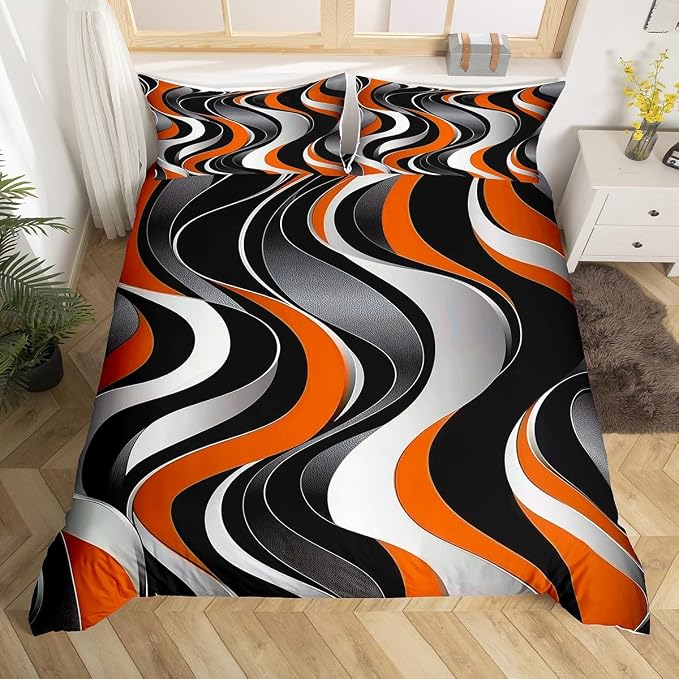 Erosebridal Geometric Wavy Lines Comforter Cover Full for Kids Boys Girls,Minimalist Abstract Art Duvet Cover,Modern Aesthetic Bedding Set,Orange Grey Black Bed Set with 2 Pillowcases Bedroom Decor