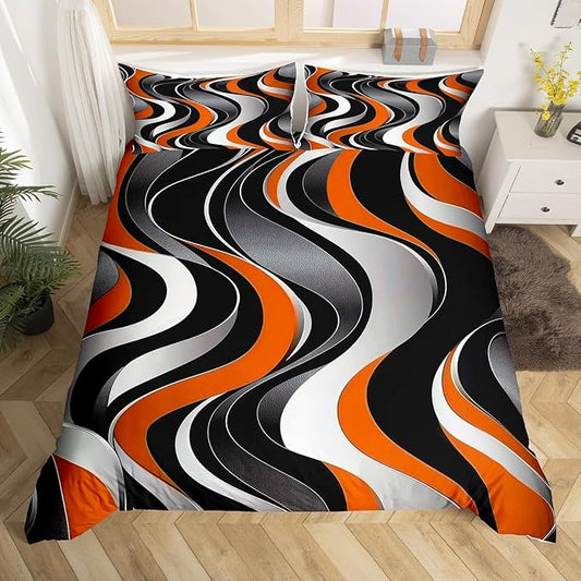 Erosebridal Geometric Wavy Lines Duvet Cover Toddler for Kids Boys Girls,Minimalist Abstract Art Comforter Cover,Modern Aesthetic Bedding Set,Orange Grey Black Bed Set with 1 Pillowcase Bedroom Decor