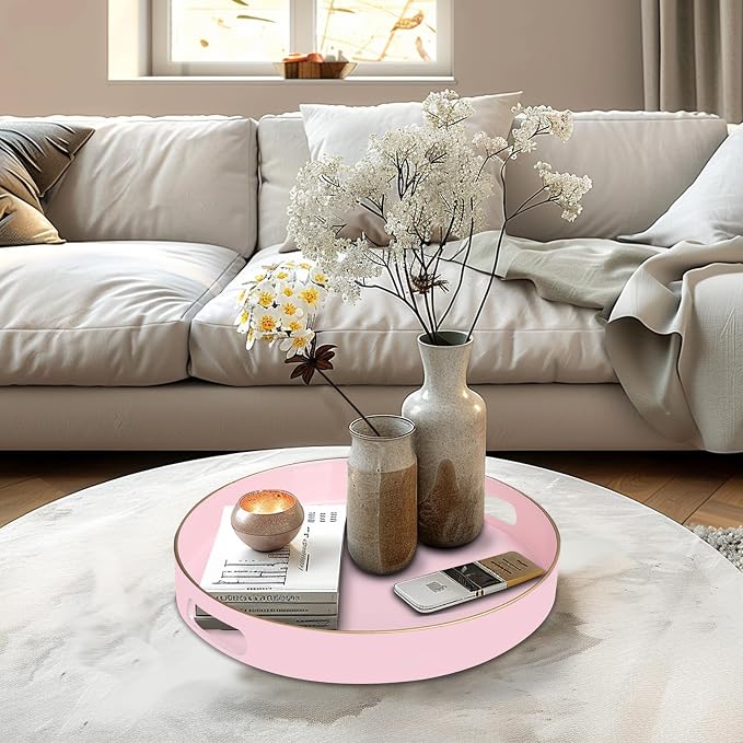 MAONAME 13" Round Tray, Pink Serving Tray with Handles, Modern Decorative Trays for Coffee Table, Plastic Ottoman Trays for Ottoman, Bathroom, Decor