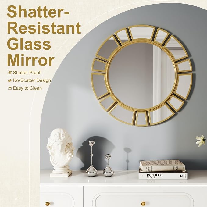 CozyDH Gold Sunburst Mirror Decor - 24 inch Round Wall Mirror Decorative with Metal Frame Modern Bohemian Sun Art Decor Mirror for Entryway Bedroom Living Room Hallway Bathroom Dining Room Fireplace