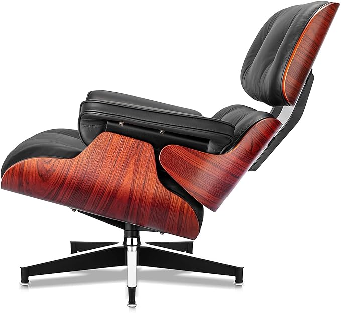 Top Black Grain Leather, Mid Century Chaise Lounge Chair and Ottoman, Modern Chair Classic Design, Red Rosewood, Heavy Duty Base Support for Living Room Study Lounge Office