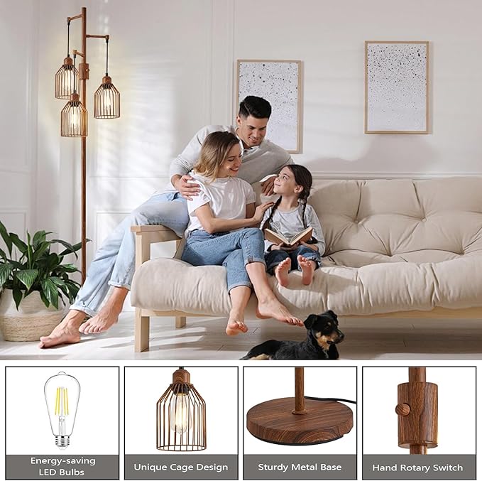 Dimmable Industrial Floor Lamp with 3 Cage Heads, Wood Grain Tree Standing Lamp with Stepless Dimming, Modern Farmhouse Tall Pole Light for Living Room, Bedroom, Office, E26 Base (Bulbs Included)