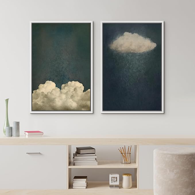 IDEA4WALL Framed Canvas Print Wall Art Set Dreamy Cloud Abstract Cloudscape Illustrations Modern Art Decorative Coastal Cottage Seascape for Bedroom - 16"x24"x2 WHITE