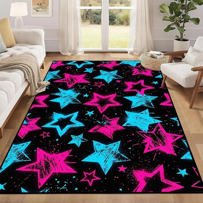 3'x5' Neon Star Area Rug Black Pink and Blue Floor Mat Abstract Star Print Rugs Washable Non-Slip Carpet for Entryway Bedroom Living Room Nursery Kitchen Playroom Home Decor