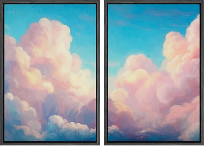 IDEA4WALL Framed Canvas Print Wall Art Set Pastel Sky Cloudscape Dreamy Pink and Blue Clouds Illustrations Modern Art Decorative Coastal Cottage Seascape for Bedroom - 24"x36"x2 BLACK