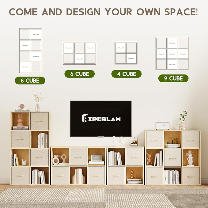 EXPERLAM 6 Cube Storage Organizer - Solid Wood Bookshelf with 3 Storage Bins, Cube Shelf with 2 Removable Back Panels, Vertical or Horizontal Bookcase, Open Book Shelf for Bedroom, Living Room, Office