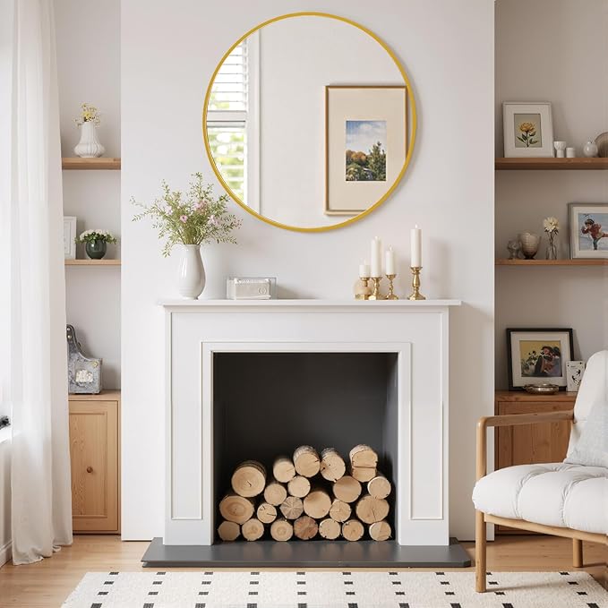 Round Wall Mirror 20 Inch Gold Vanity Mirror with Metal Frame, Modern Circle for Bathroom, Entryway, Bedroom, Living Room, Wall Mounted Decorative Mirrors