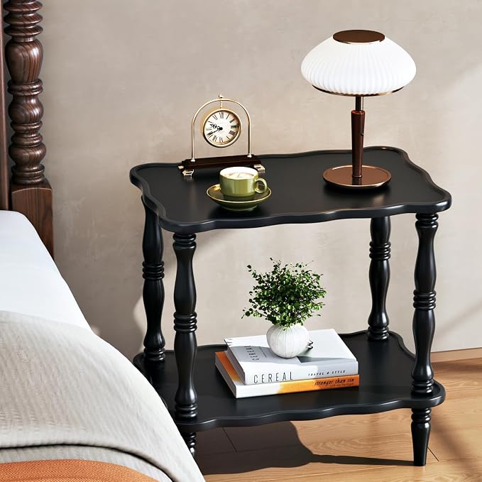 Solid Wood End Table Living Room - 23.6" H Small Narrow Rectangle Wooden End Table for Small Spaces, Dark Real Black Solid Wood Vintage Antique Side Bedside Table Nightstand with 2-Tier Storage