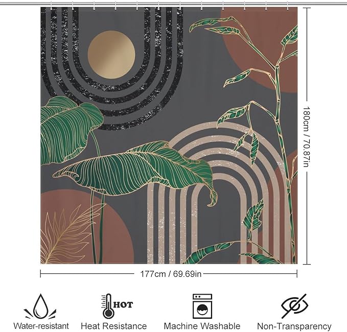 Boho Mid Century Shower Curtain,Retro Abstract Minimalist Tropical Modern Bathroom Curtain Polyester Waterproof Fabric Decor 72x72in（183x183cm）
