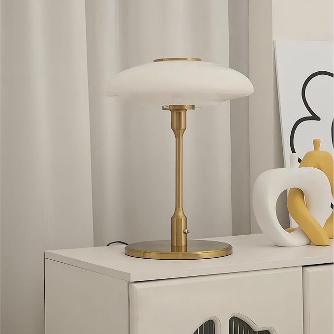 Table Lamp, Metal and Glass Modern Bedside Lamp, Decorative Table Light, Table Lamp for Living Room Bedroom Study Room, 12.6 * 16.5 Inch, Gold & White