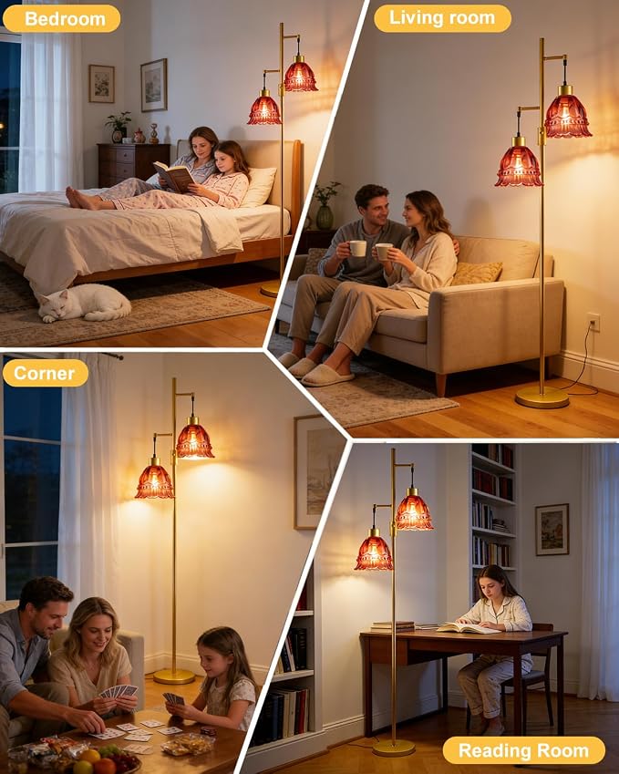 2-Light Modern Glass Floor Lamp, Gold Tall Standing Lamp with Deep Red Lace Glass Shade for Reading, Dimmable LED Floor Lamp with 5Lbs Heavy Base for Living Room Bedroom Home Decor, Bulb Included