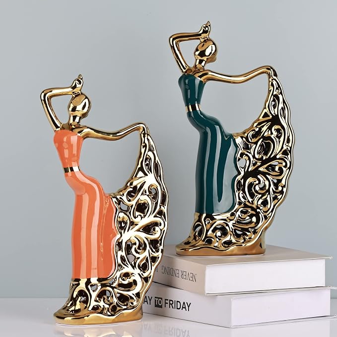 DOVDOV Ceramic Peacock Dancer Statue, Green and Gold Home Decor, Ballerina Sculpture, Peacock Home Decor for Room Corner Shelf Bathroom Shelf Corner Shelf TV Cabinet Corner Counter Top Decoration