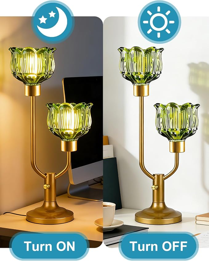 Lightdot Vintage Green Glass Table Lamp for Bedroom Dimmable Mid Century Modern Desk Lamp Gold Flower Nightstand Lamp 2 Bulbs Included Warmwhite Ambient Bedside Lamps for Living Room Home Office Decor