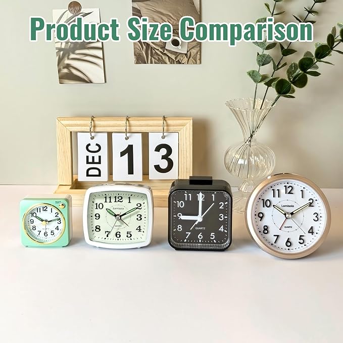 Lamisola Minimalist Battery Analog Travel Alarm Clock, Silver Table Desk Shelf Clocks for Bedrooms, Small Beside Clock, Ascending Alarm, Maximalist Decor, Silver