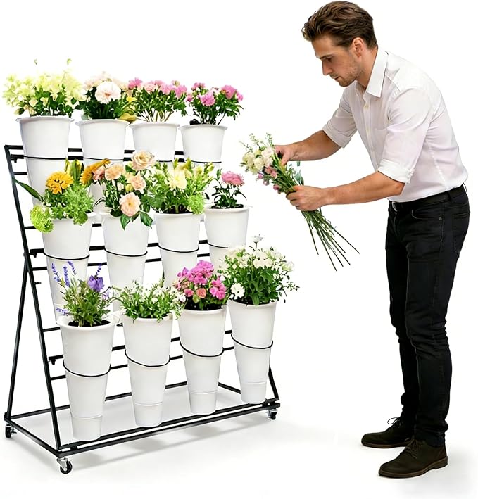 3-Tier Flower Display Stand with 12 Buckets, Heavy Duty Metal Flower Plant Cart with Wheels, Indoor Large Capacity Flower Bar Florist bucket Rack, Moving Florist Bouquet Shelf for Wedding Garden (B, 39.6*23.7*40.6in)