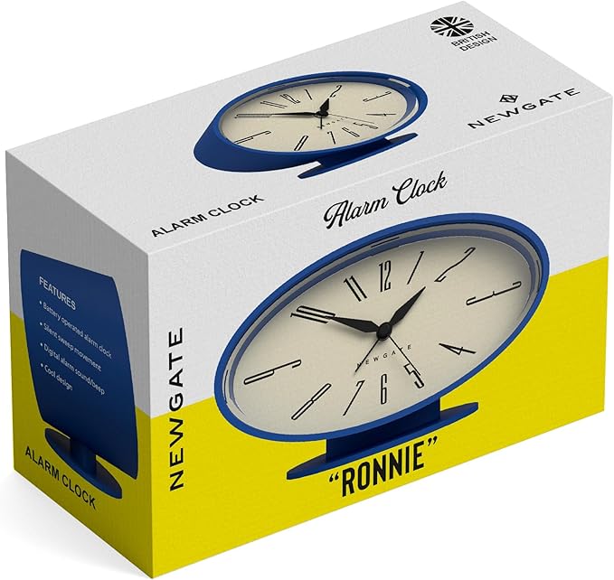 NEWGATE® Ronnie Alarm Clock | Oval Retro Design | Blue Soft Rubberised Finish | Ideal for Bedside, Desk or Shelf | Modern, Retro mid-Century Bedroom & Office Accessory