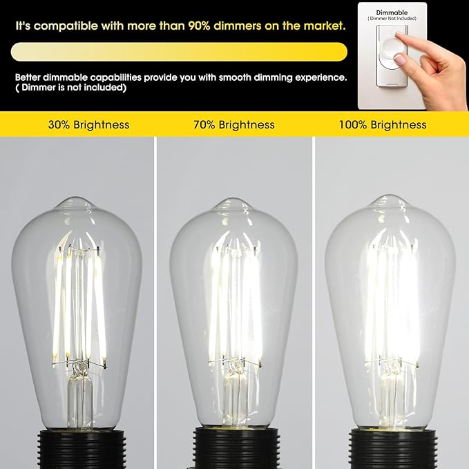 LED Edison Bulbs 6W, Equivalent 60W, High Brightness Daylight White 5000K, 750 Lumens, ST58 Vintage LED Filament Bulbs with 90+ CRI, E26 Base, Dimmable, Clear Glass, Pack of 8