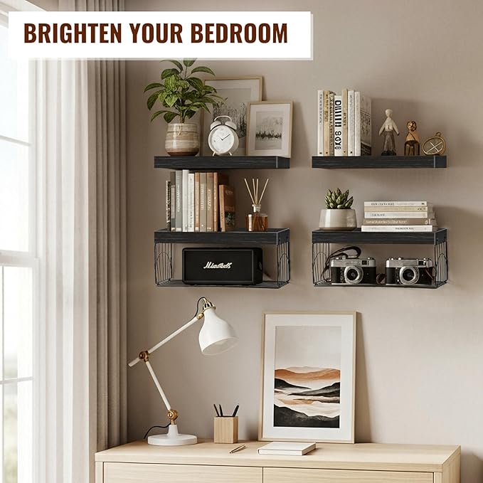 4 Pack Wall Mounted Rustic Wood Floating Shelves with 2 iron Hanging Baskets, Bathroom Shelves Over Toilet, Toilet Paper Storage, Farmhouse Decor Hanging Shelf for Living Room, Kitchen, 16 inch, Black
