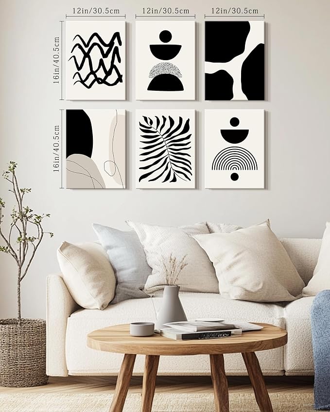 Drsoum Abstract Boho Wall Art Minimalist Geometric Framed Boho Room Decor Black Line Art Mid Century Modern Prints Bohemian Living Room Bedroom Ready to Hang 12x16inx6pcs (Framed)