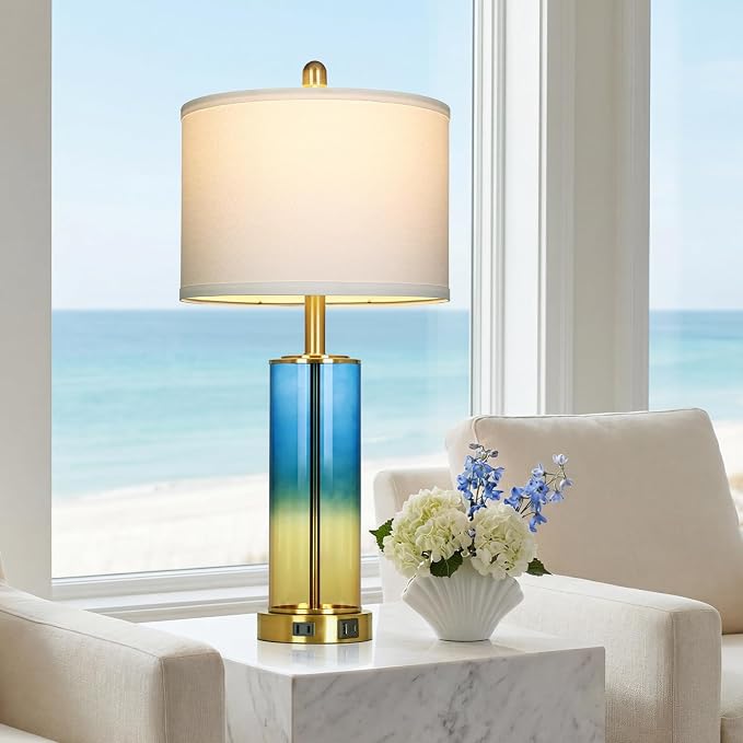 Ruzectt 26" Blue and Gold Glass Lamps Set of 2, 3-Way Dimmable Touch Coastal Bedroom Table Lamp with USB C+A Ports & AC Outlet, Elegant Brass Living Room Lamp, Nautical Bedside Lamps for Night Stands