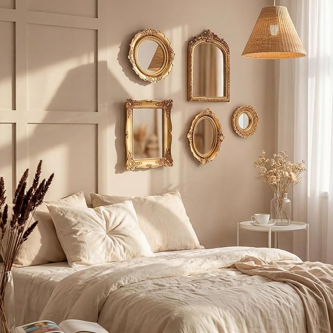 5 Pcs Vintage Gold Mirror Luxury Set Small Gold Mirrors Gallery Wall Mirror Hanging Antique Art Decor for Wall Living Room Entryway Assorted Sizes (10in/8in/7in/4in,Stylish Style)