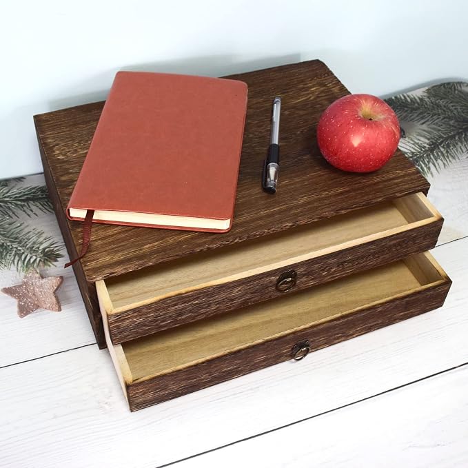 2-Drawer Wooden Desk Organizer Wood Desktop Storage Cabinet A4 File Cabinet Tabletop Storage Box Desk Drawer Organizer Paper Holder Carbonization for Home Office Workspace