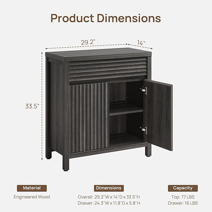 SICOTAS Sideboard Buffet Cabinet with Drawer - Fluted Sideboard Modern Credenza with Doors & Adjustable Shelves, Farmhouse Coffee Bar Media Console for Living Room Kitchen Entryway, Black Oak