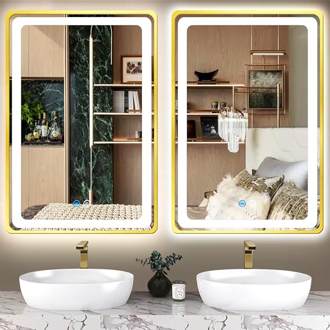 16 x 24 Inch Bathroom Gold Vanity Mirror with Lights Gold Frame Lighted Mirror for Bathroom Wall Tabletop Makeup Mirror with Lights AntiFog 3 Color Dimmable Gold Framed Smart Light up Mirror