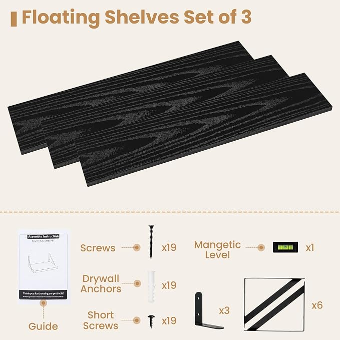 Heimlove Floating Book Shelves for Wall,35.4 Inches Long Wall Mounted Bookshelves,Heavy Duty Bracket Shelves for Living Room Kitchen,Laundry Room Storage & Decor,Set of 3,Black