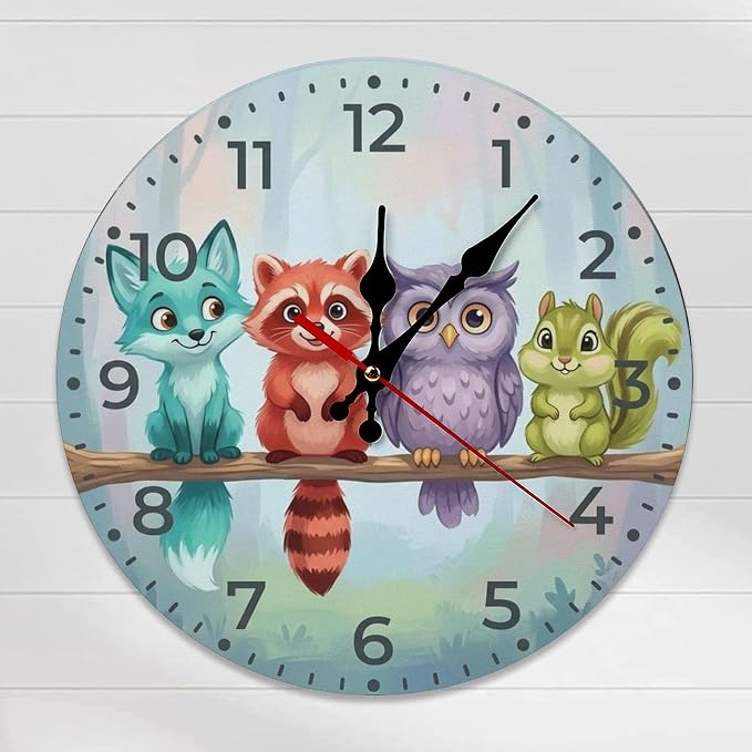 Cute Woodland Animals Wooden Wall Clock Silent Non-Ticking Quartz Battery Operated for Kids Bedroom, Nursery Room Decor, Playroom & Office Gift (10/12 Inch)