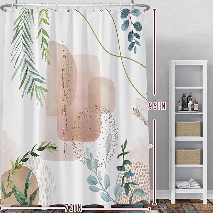 Baocicoo Minimalist Leaves Shower Curtain - Modern Abstract Geometric Botanical Design for Bathroom, Family, Camping, Hostel - Polyester Shower Curtain with Hooks - 72x96 Inches