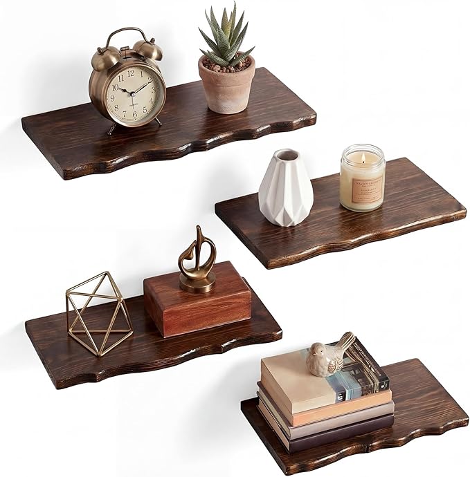 Pinkunn 4 Pcs Floating Shelves for Wall Rustic Wooden Floating Shelf Wooden Shelves for Bathroom Living Room Bedroom Kitchen Wall Mounted Live Edge Pine Shelf(Walnut Wood Color,15.75 Inches)