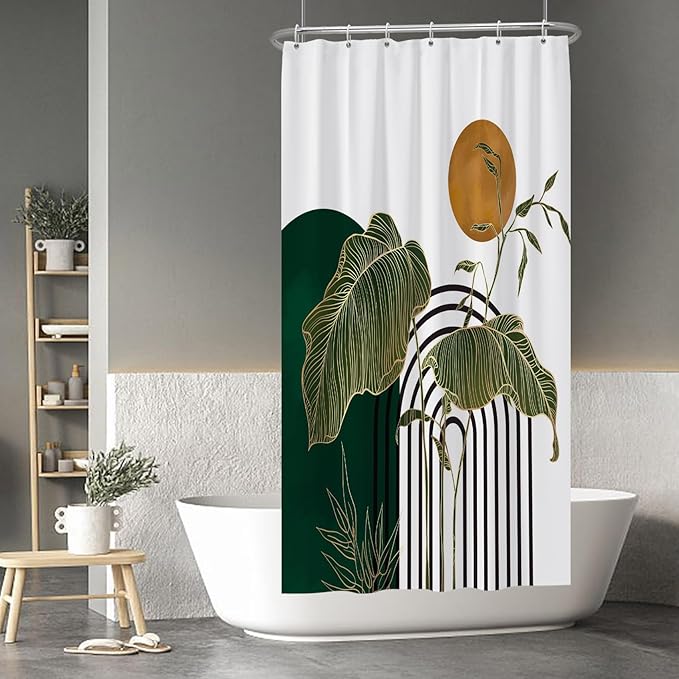 Baocicco Boho Shower Curtain Green Gold Leaves Plants Sun Modern Abstract Geometric Shower Curtains Decorative for Bathroom Waterproof Fabric Shower Curtain with Hooks 36x72 Inches