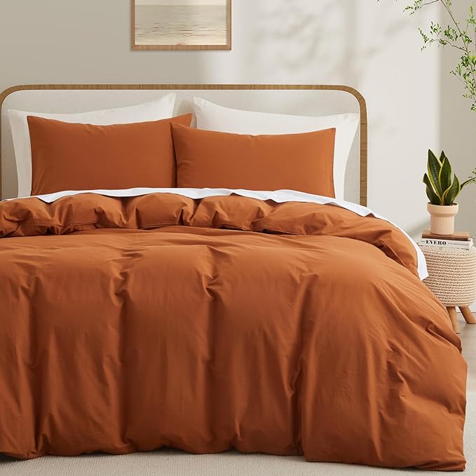 LOVQUE Burnt Orange Cotton Duvet Cover King Size, Linen Like Natural Bedding Set with Zipper Closure (No Comforter), 104x90 Inches