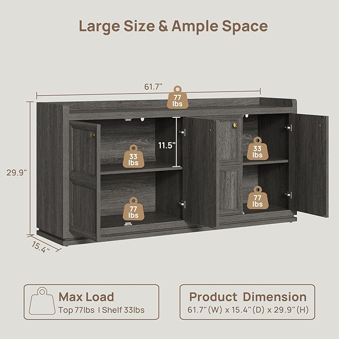 SICOTAS 4-Door Buffet Cabinet - Large Sideboard with Storage & Adjustable Shelves, Modern Credenza Accent Coffee Bar Console Table for Living Room, Kitchen, Entryway, Hallway, Dark Gray Oak, 2 PCS