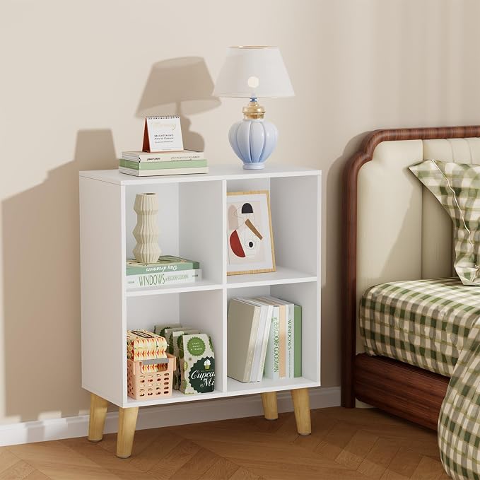 4 Cube Storage Organizer with Legs, 2 Tier Cube Low Bookcase Freestanding Storage Display Organizer for Home Office, Four-Cubes Open Shelf Short Bookshelf (White, 4 Cube)