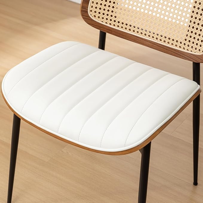 Rattan Dining Chairs Set of 4,Mid Century White PU Leather Kitchen Chairs,Upholstered Seat Metal Legs Chairs with Adjustable Foot Pads,Walnut Armless Side Chairs