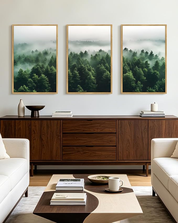 KUVIOKE Green Fog Pine Tree Framed Wall Art Nature Nordic Misty Forests Artwork Morden Painting Bedroom Decor 16x24in (Natural Framed)