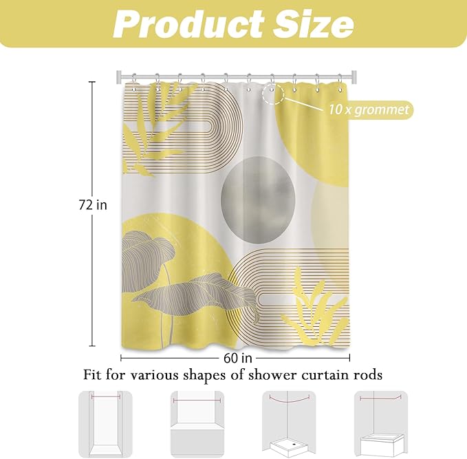 Mustard Yellow and Grey Shower Curtain Light Yellow and Gray White Shower Curtains for Bathroom Decor Abstract MCM Bath Curtain Set, Waterproof Fabric with Hooks 60 x 72 Inch