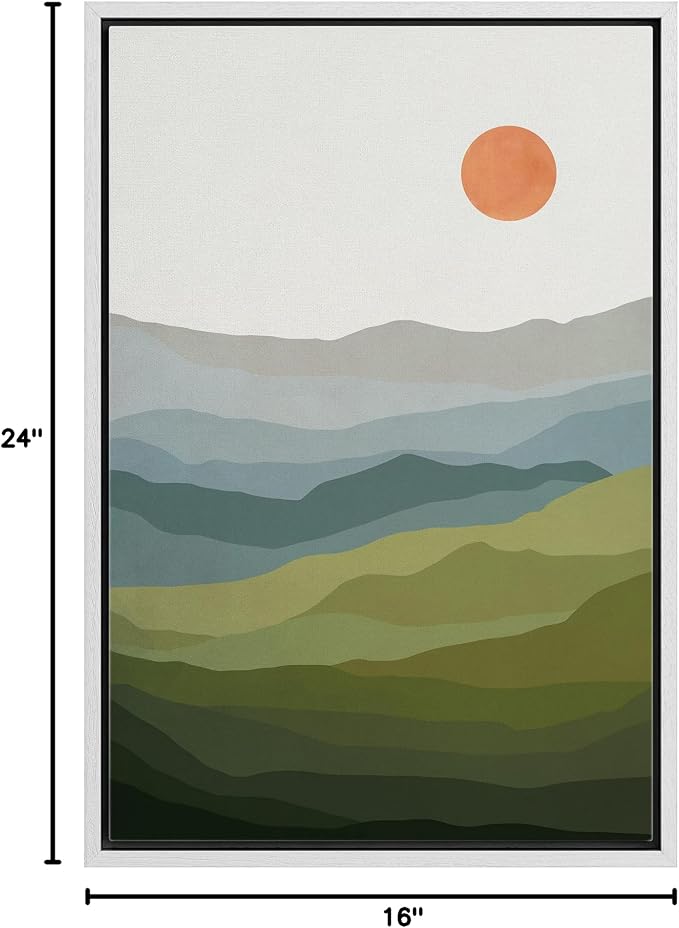 Woodrose Framed Canvas Print Wall Art Green, Blue & Gray Mountain Landscape Abstract Shapes Illustrations Modern Art Minimalist 3D Colorful Ultra for Living Room, Bedroom, Office - 16"x24" WHITE