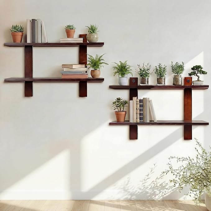 Vercraft Floating Shelves for Wall Set of 2 Long 2 Tier Wood Wall Mounted Shelves Mid Century Modern Decorative Storage Plant Photo Display for Living Room Bedroom Kitchen Office Coffee Bar Decor