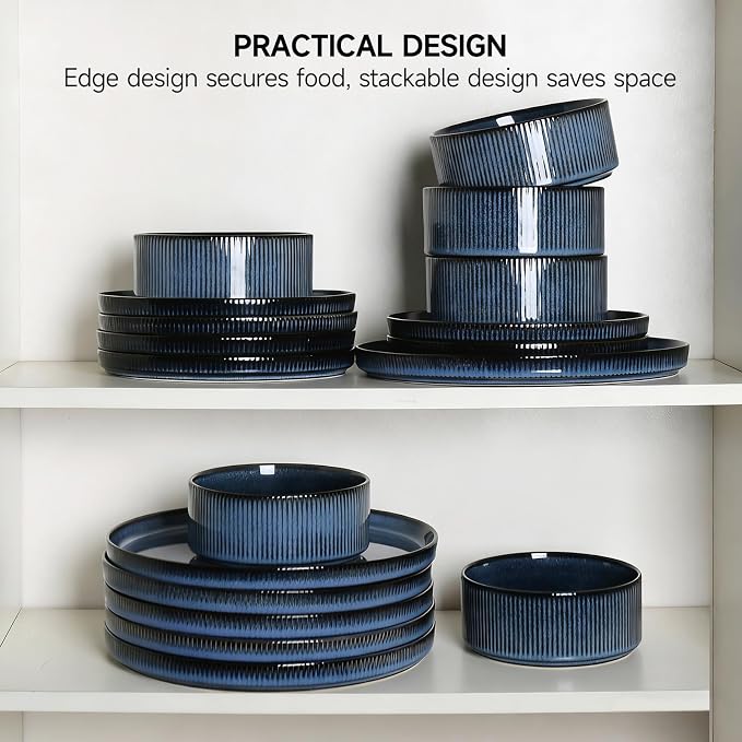 MONITO Ceramic Dinnerware Sets for 6, 18PCS Stoneware Plates and Bowls Sets, Reactive Glaze Dish Set, Chip and Scratch Resistant Double, Microwave and Dishwasher Safe, Dark Blue