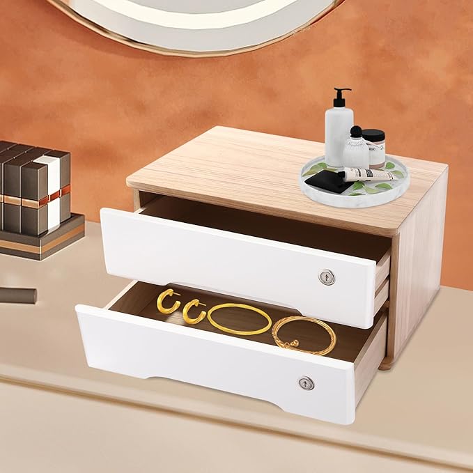 Wooden Desk Organizer with Drawers & Lock Desktop Storage Cabinet Tabletop Organizing Unit for Home Office Supplies File Stationery Jewelry (Light Brown, 2 Tiers)
