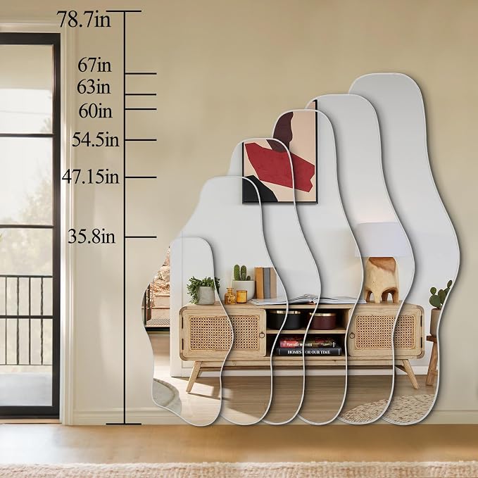 Large Irregular Wall Mirror, 63"x30" Silver Asymmetrical Tempered Glass Mirror, Frameless Organic Shaped Mirrors for Entryway Hallway Bedroom Living Room, Horizontal or Vertical Hanging
